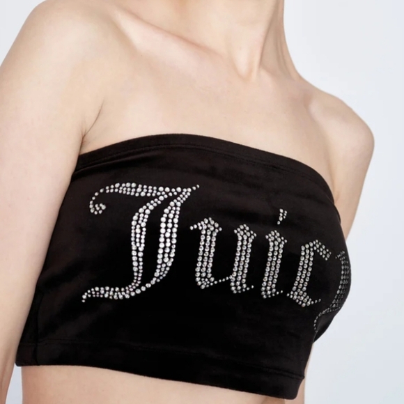 Juicy Couture Black Velour Tube Crystal Stud Preppy Embroidery Stretchy Sz S/M - Picture 2 of 8